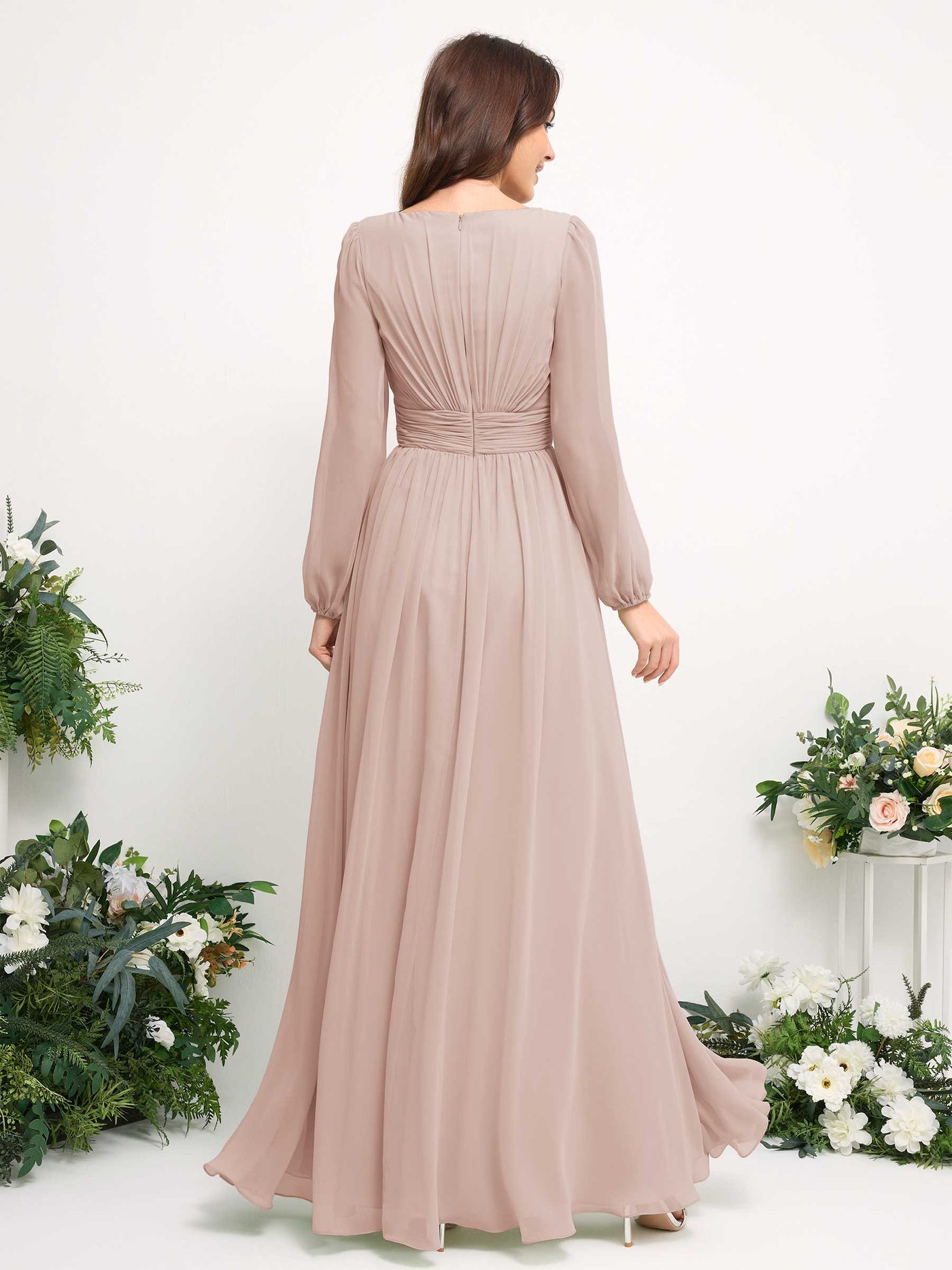 Boat Neck Long Sleeve Chiffon Maxi Dress | Elegant A-Line Bridesmaid & Wedding Guest Dress #color_biscotti