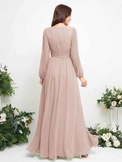 Boat Neck Long Sleeve Chiffon Maxi Dress | Elegant A-Line Bridesmaid & Wedding Guest Dress #color_biscotti