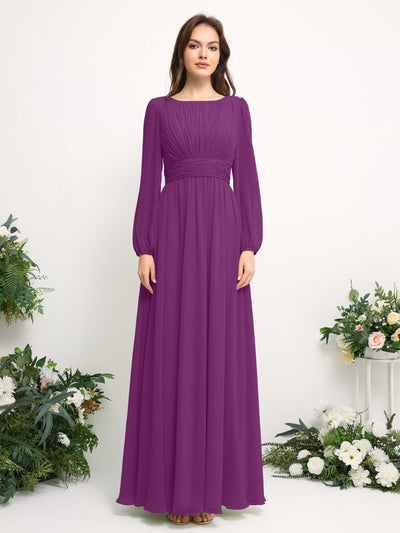 Boat Neck Long Sleeve Chiffon Maxi Dress | Elegant A-Line Bridesmaid & Wedding Guest Dress #color_purple