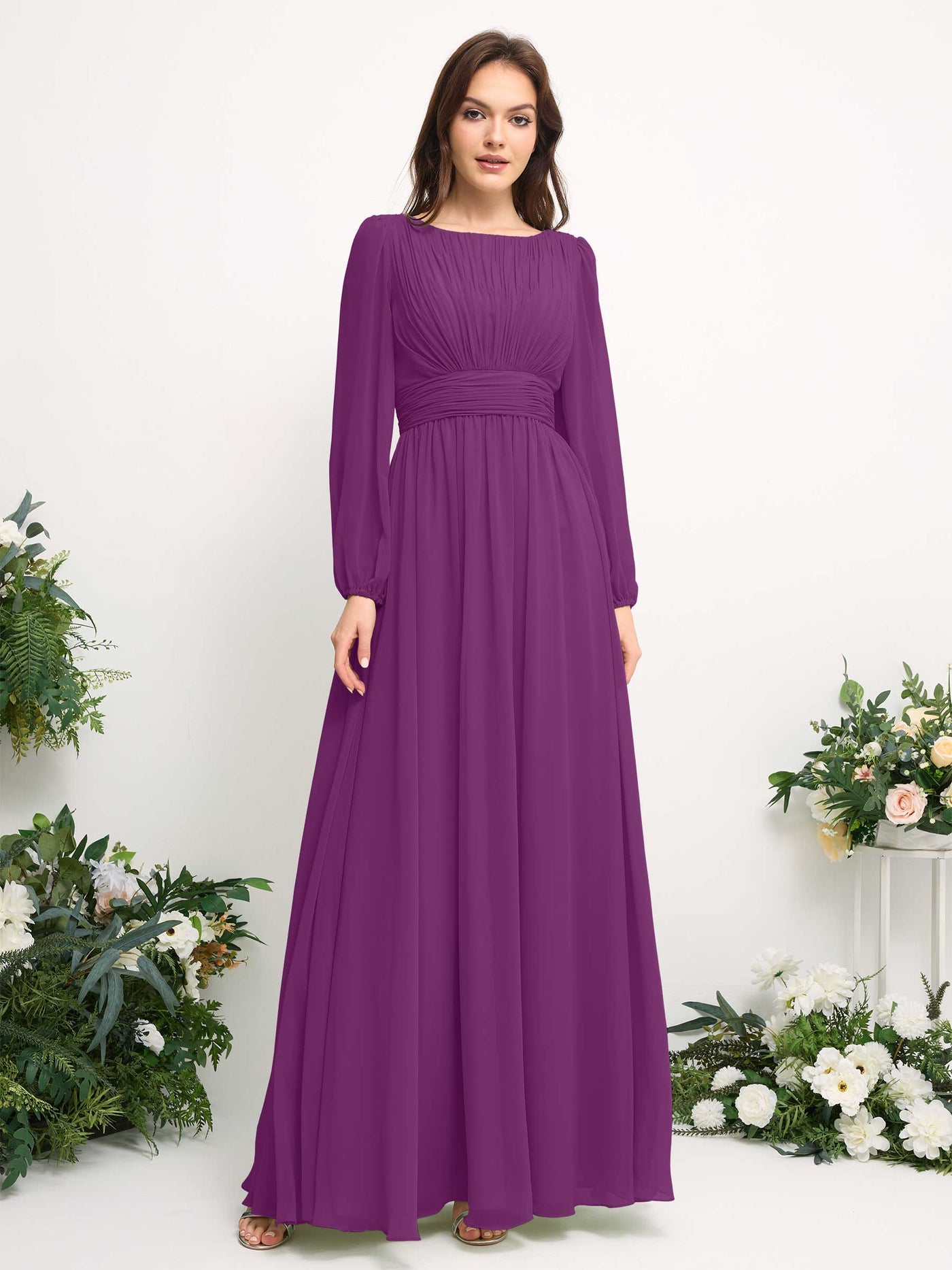 Boat Neck Long Sleeve Chiffon Maxi Dress | Elegant A-Line Bridesmaid & Wedding Guest Dress #color_purple
