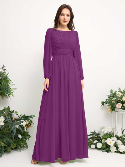 Boat Neck Long Sleeve Chiffon Maxi Dress | Elegant A-Line Bridesmaid & Wedding Guest Dress #color_purple