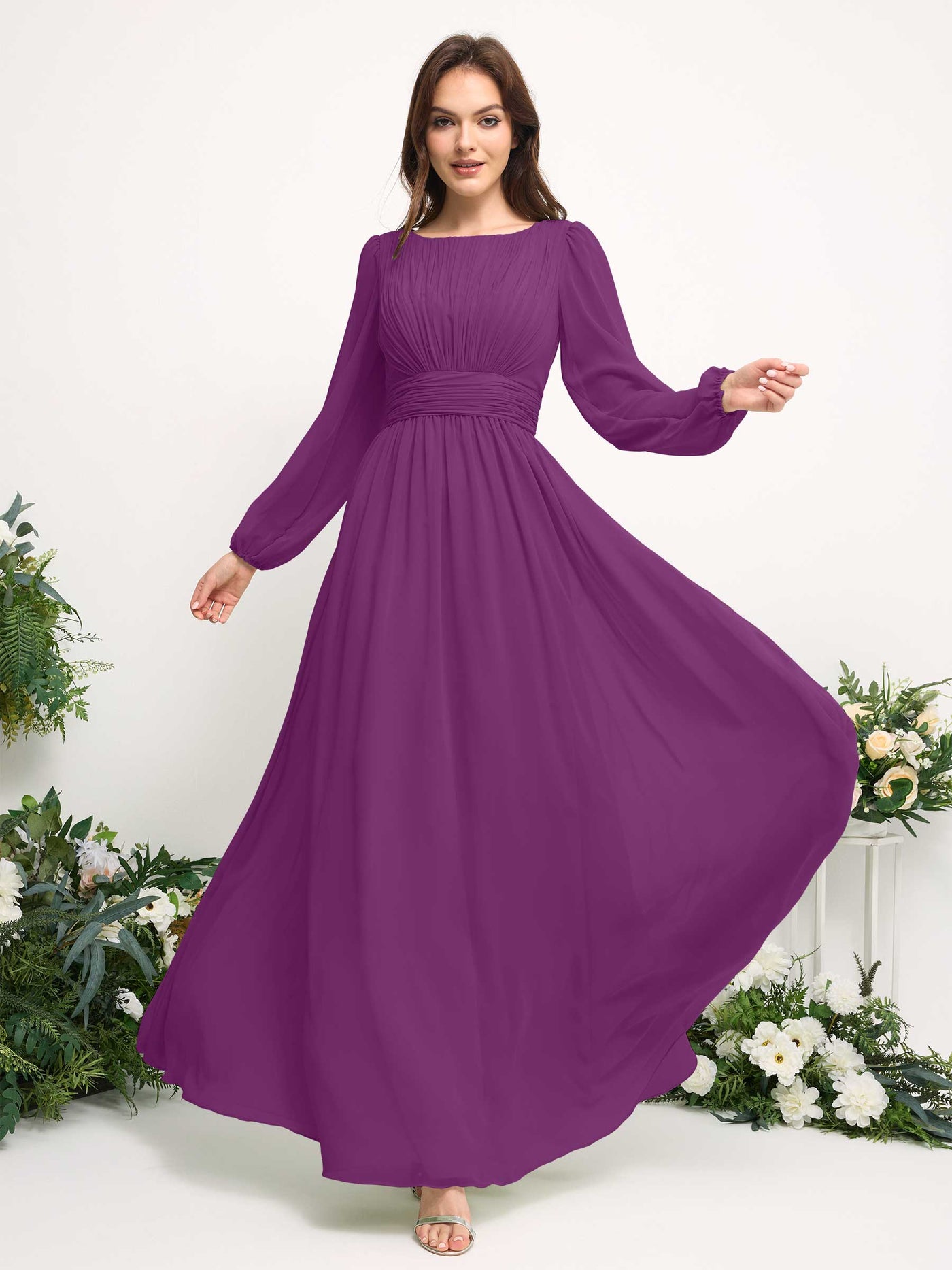 Boat Neck Long Sleeve Chiffon Maxi Dress | Elegant A-Line Bridesmaid & Wedding Guest Dress #color_purple