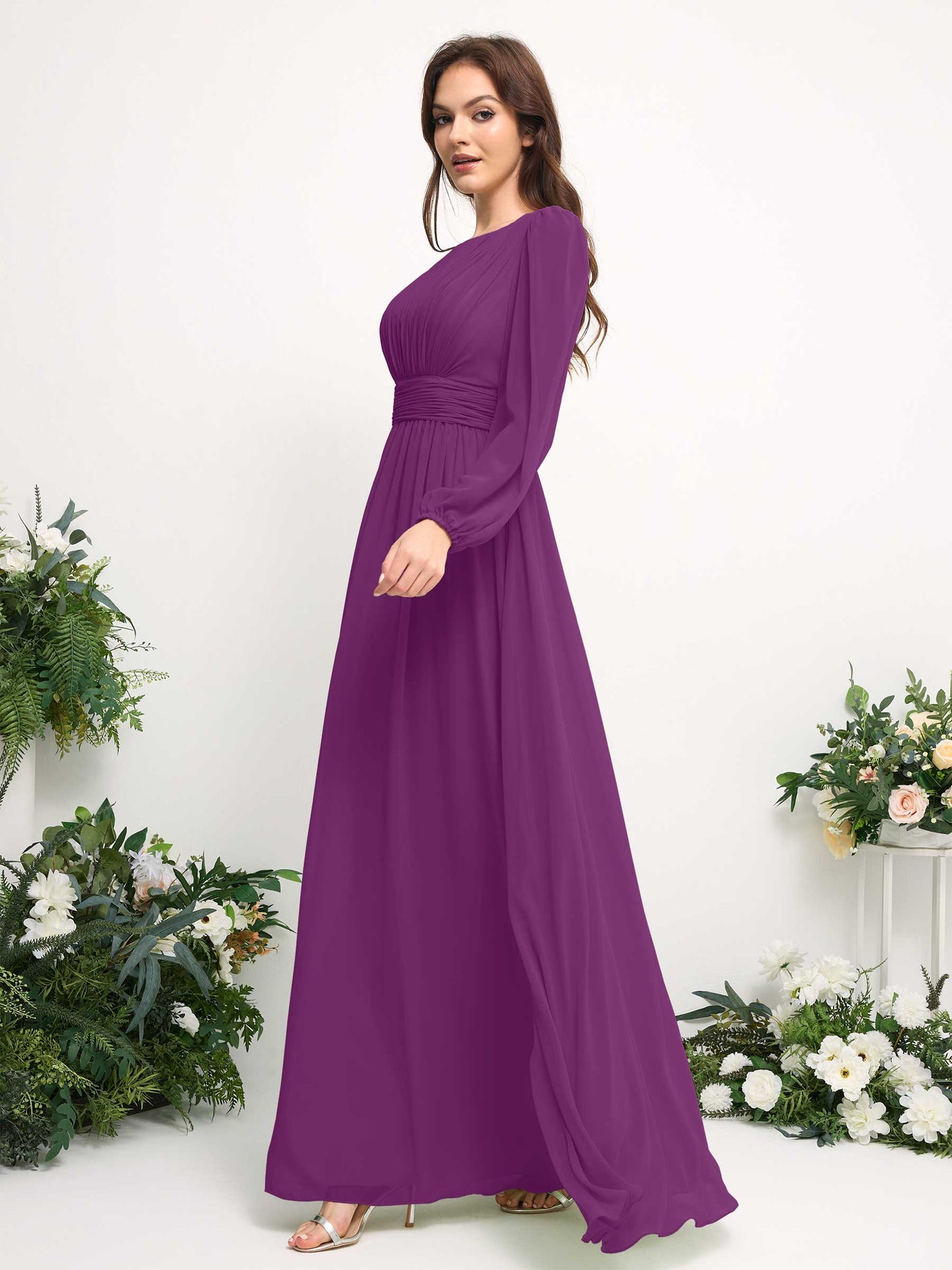 Boat Neck Long Sleeve Chiffon Maxi Dress | Elegant A-Line Bridesmaid & Wedding Guest Dress #color_purple