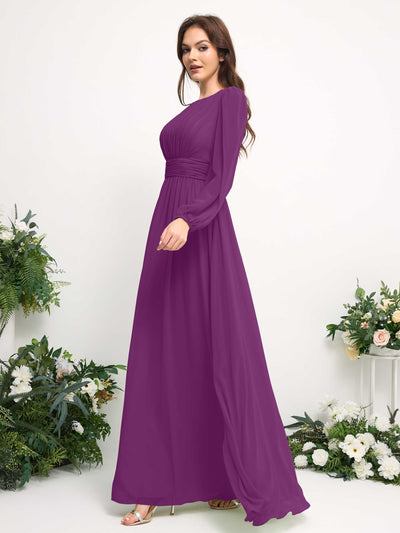Boat Neck Long Sleeve Chiffon Maxi Dress | Elegant A-Line Bridesmaid & Wedding Guest Dress #color_purple