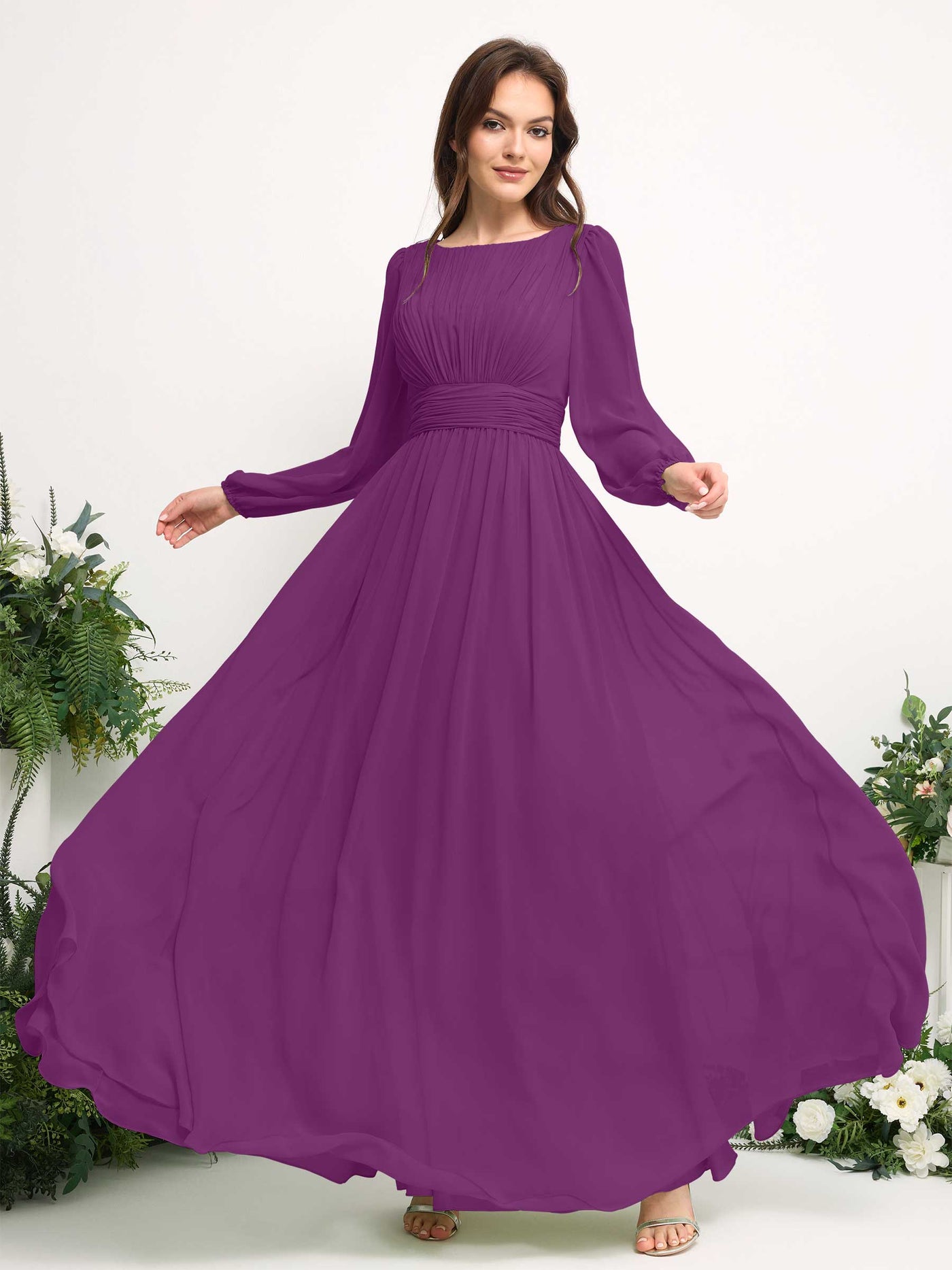 Boat Neck Long Sleeve Chiffon Maxi Dress | Elegant A-Line Bridesmaid & Wedding Guest Dress #color_purple