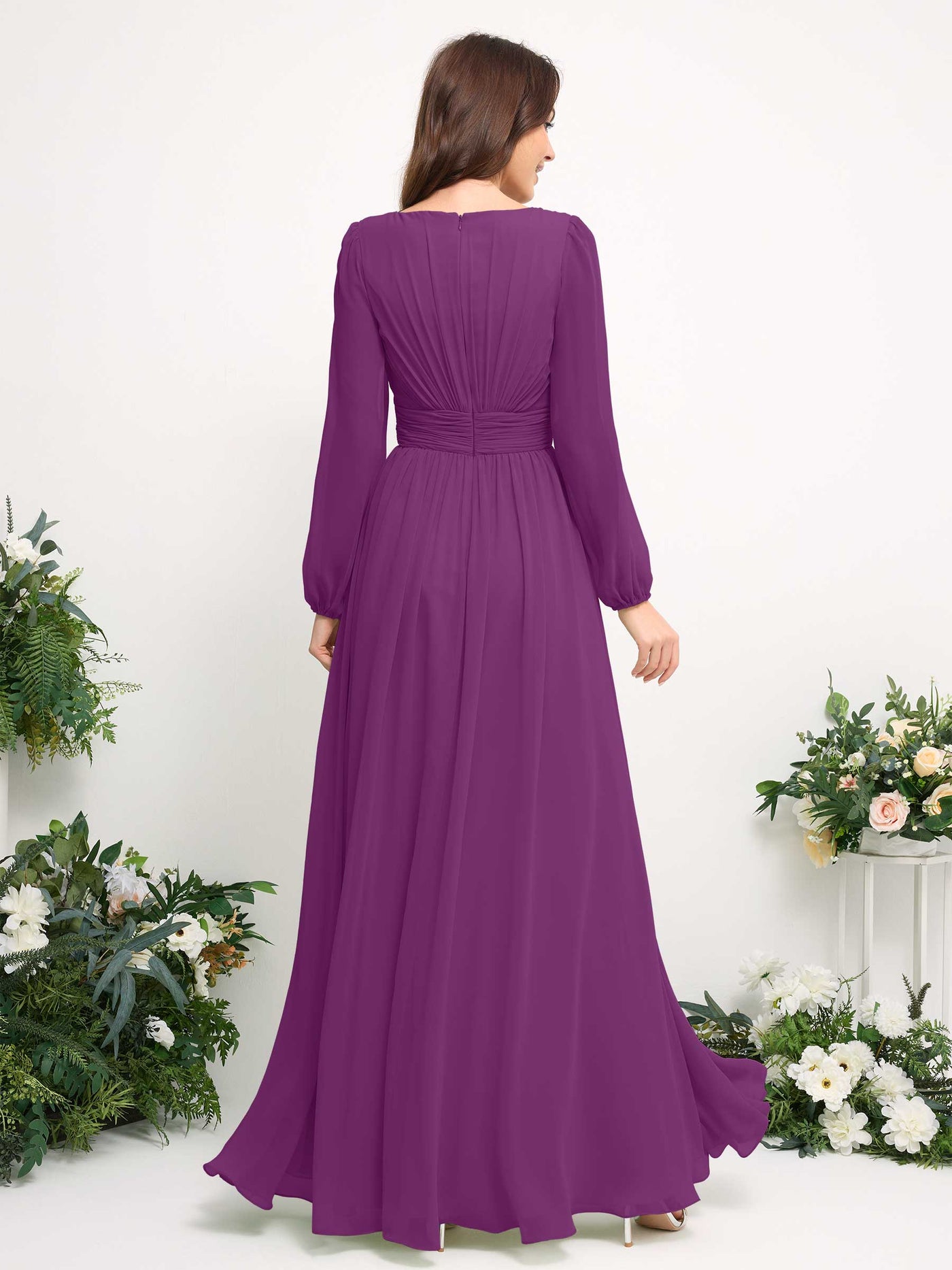 Boat Neck Long Sleeve Chiffon Maxi Dress | Elegant A-Line Bridesmaid & Wedding Guest Dress #color_purple