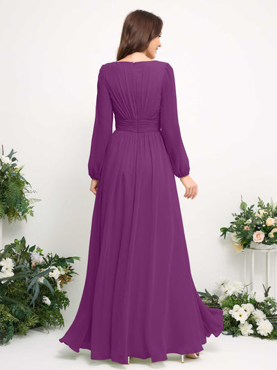 Boat Neck Long Sleeve Chiffon Maxi Dress | Elegant A-Line Bridesmaid & Wedding Guest Dress #color_purple