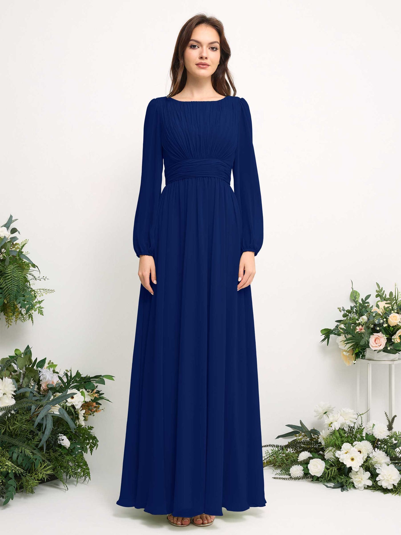 Boat Neck Long Sleeve Chiffon Maxi Dress | Elegant A-Line Bridesmaid & Wedding Guest Dress #color_royal-blue