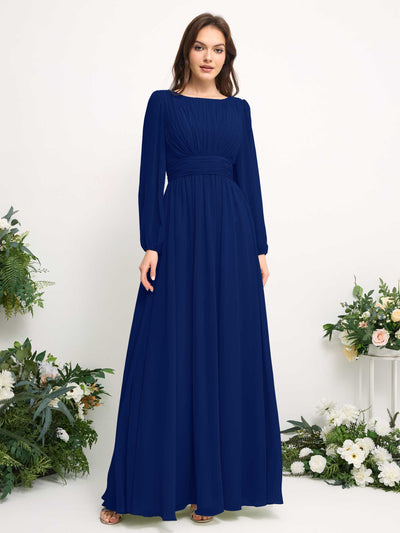 Boat Neck Long Sleeve Chiffon Maxi Dress | Elegant A-Line Bridesmaid & Wedding Guest Dress #color_royal-blue