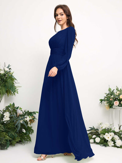 Boat Neck Long Sleeve Chiffon Maxi Dress | Elegant A-Line Bridesmaid & Wedding Guest Dress #color_royal-blue