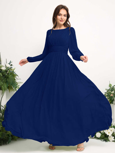 Boat Neck Long Sleeve Chiffon Maxi Dress | Elegant A-Line Bridesmaid & Wedding Guest Dress #color_royal-blue