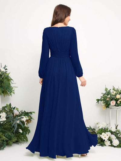 Boat Neck Long Sleeve Chiffon Maxi Dress | Elegant A-Line Bridesmaid & Wedding Guest Dress #color_royal-blue