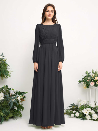 Boat Neck Long Sleeve Chiffon Maxi Dress | Elegant A-Line Bridesmaid & Wedding Guest Dress #color_pewter