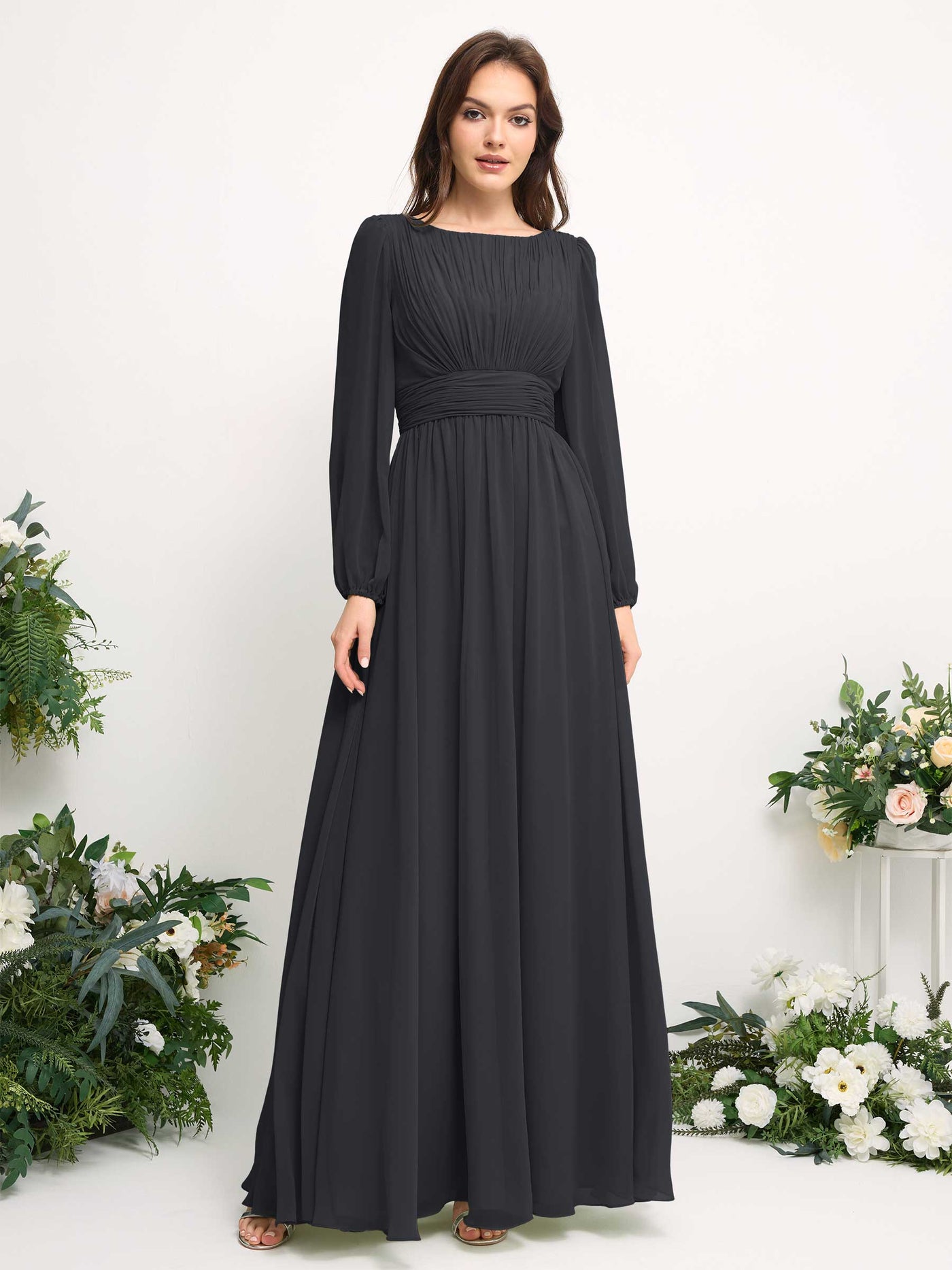 Boat Neck Long Sleeve Chiffon Maxi Dress | Elegant A-Line Bridesmaid & Wedding Guest Dress #color_pewter