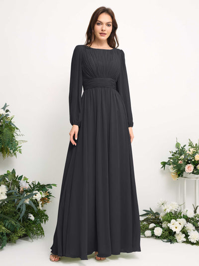 Boat Neck Long Sleeve Chiffon Maxi Dress | Elegant A-Line Bridesmaid & Wedding Guest Dress #color_pewter