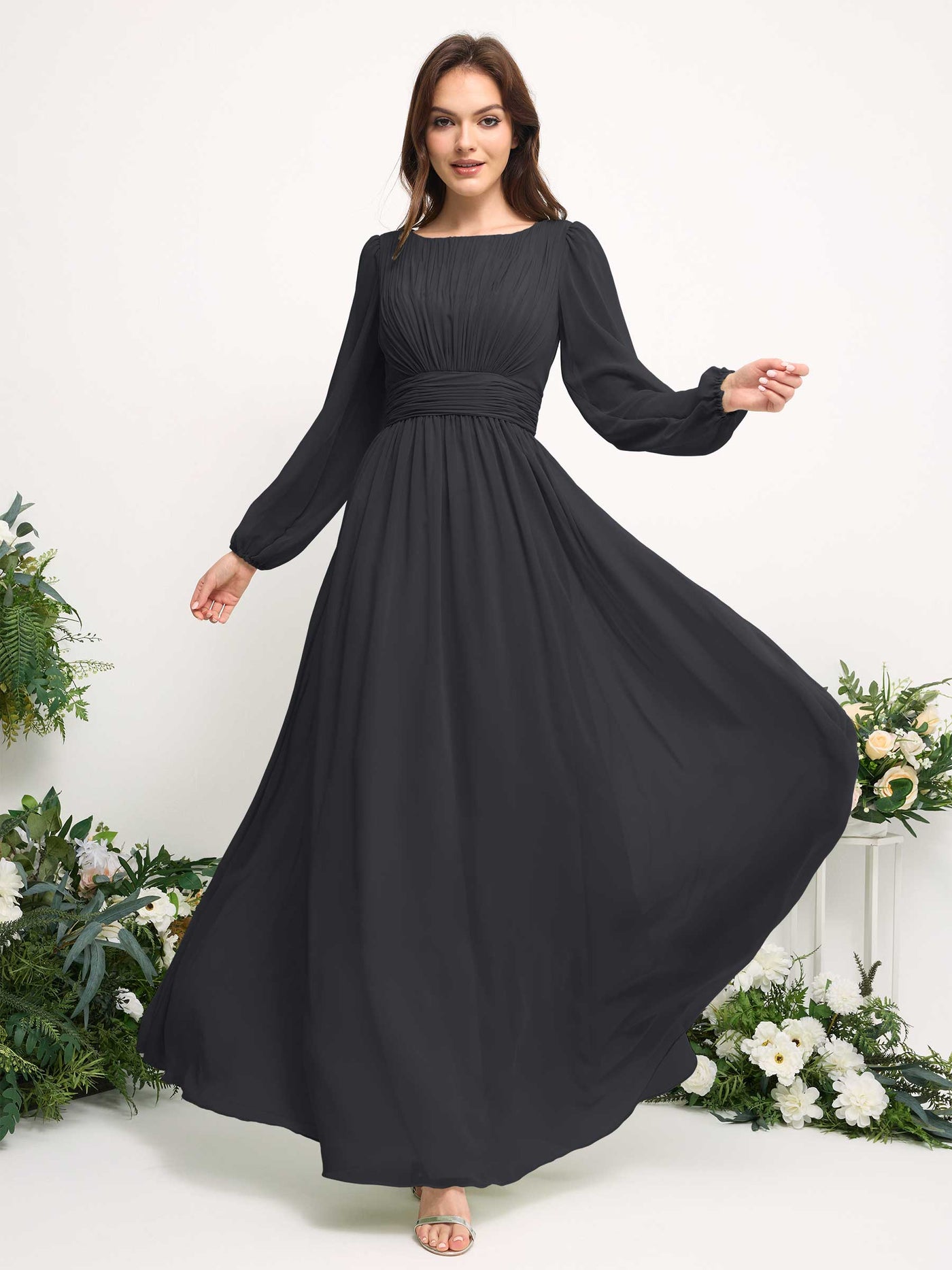 Boat Neck Long Sleeve Chiffon Maxi Dress | Elegant A-Line Bridesmaid & Wedding Guest Dress #color_pewter