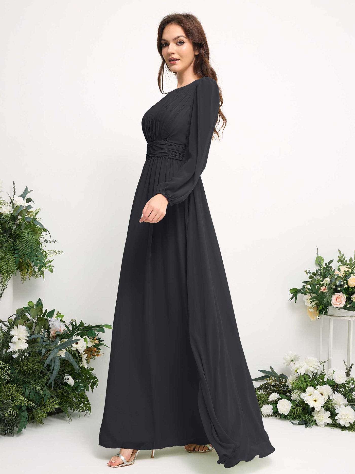 Boat Neck Long Sleeve Chiffon Maxi Dress | Elegant A-Line Bridesmaid & Wedding Guest Dress #color_pewter