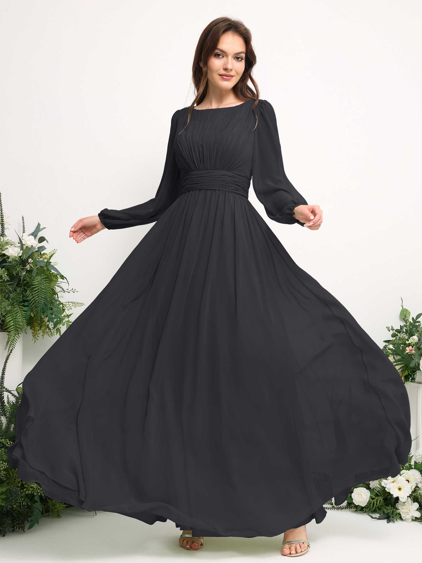 Boat Neck Long Sleeve Chiffon Maxi Dress | Elegant A-Line Bridesmaid & Wedding Guest Dress #color_pewter
