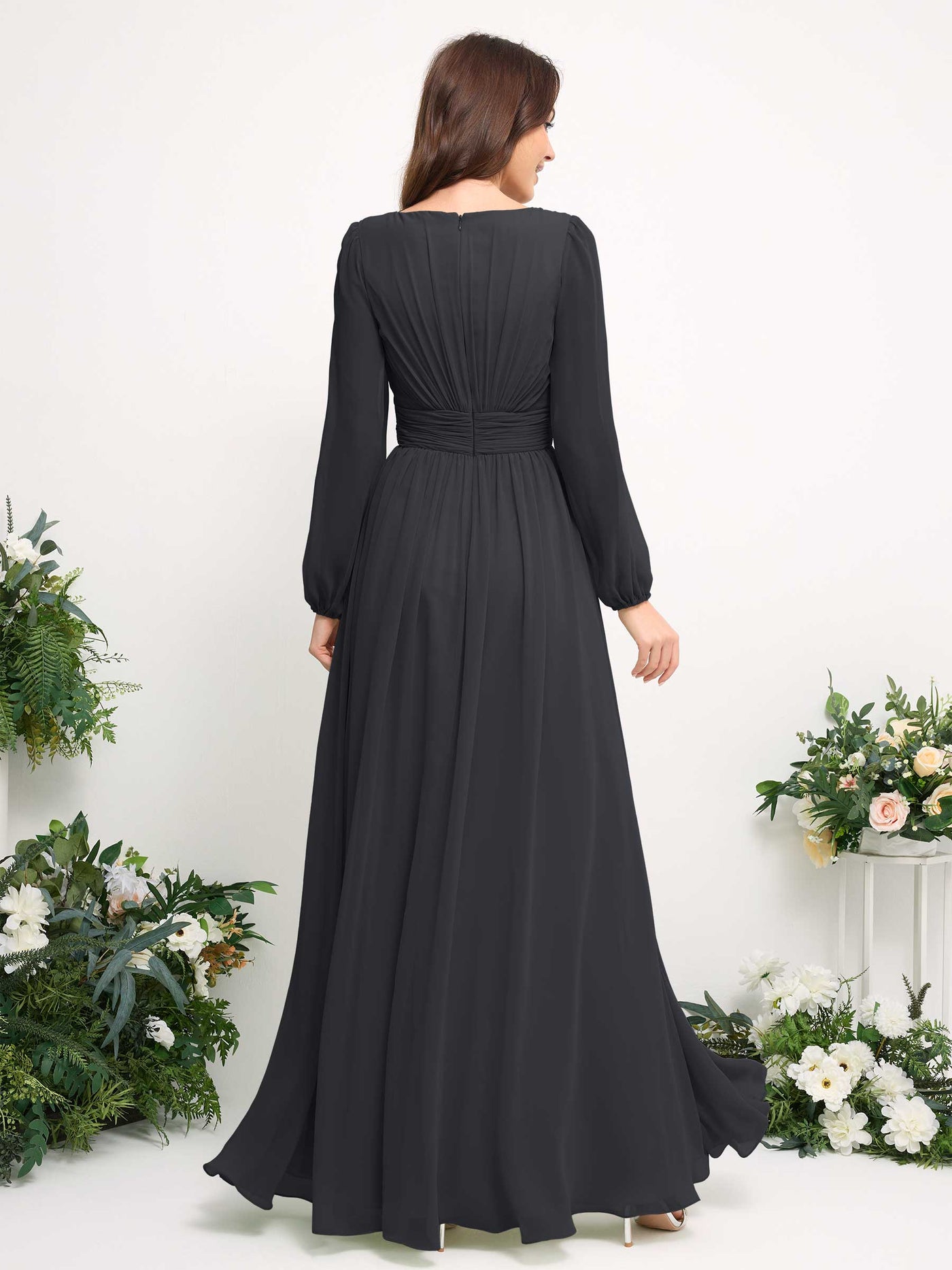 Boat Neck Long Sleeve Chiffon Maxi Dress | Elegant A-Line Bridesmaid & Wedding Guest Dress #color_pewter