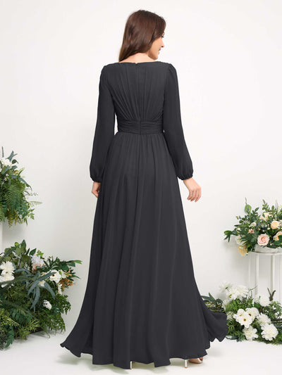 Boat Neck Long Sleeve Chiffon Maxi Dress | Elegant A-Line Bridesmaid & Wedding Guest Dress #color_pewter