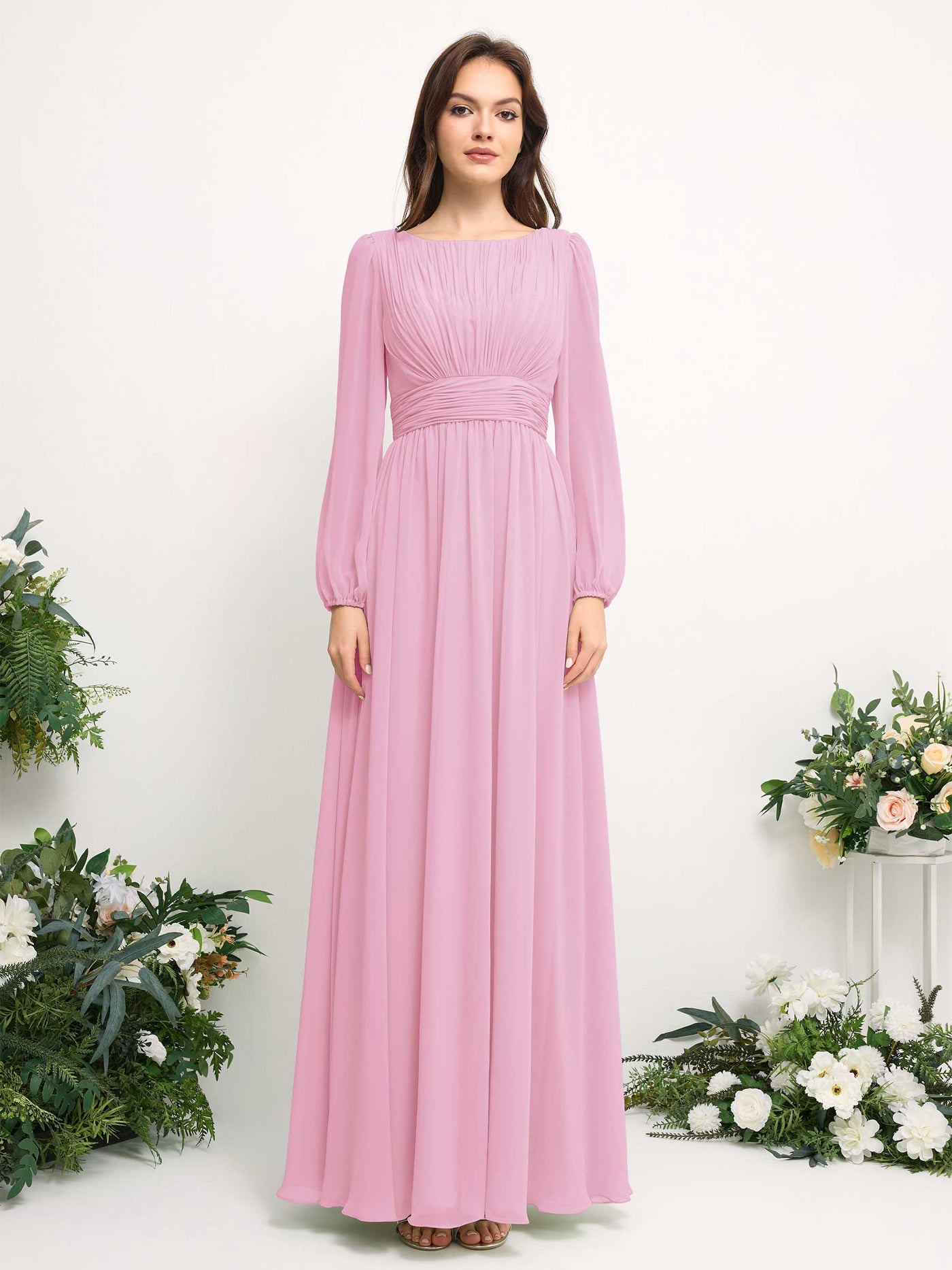 Boat Neck Long Sleeve Chiffon Maxi Dress | Elegant A-Line Bridesmaid & Wedding Guest Dress #color_candy-pink