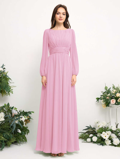 Boat Neck Long Sleeve Chiffon Maxi Dress | Elegant A-Line Bridesmaid & Wedding Guest Dress #color_candy-pink
