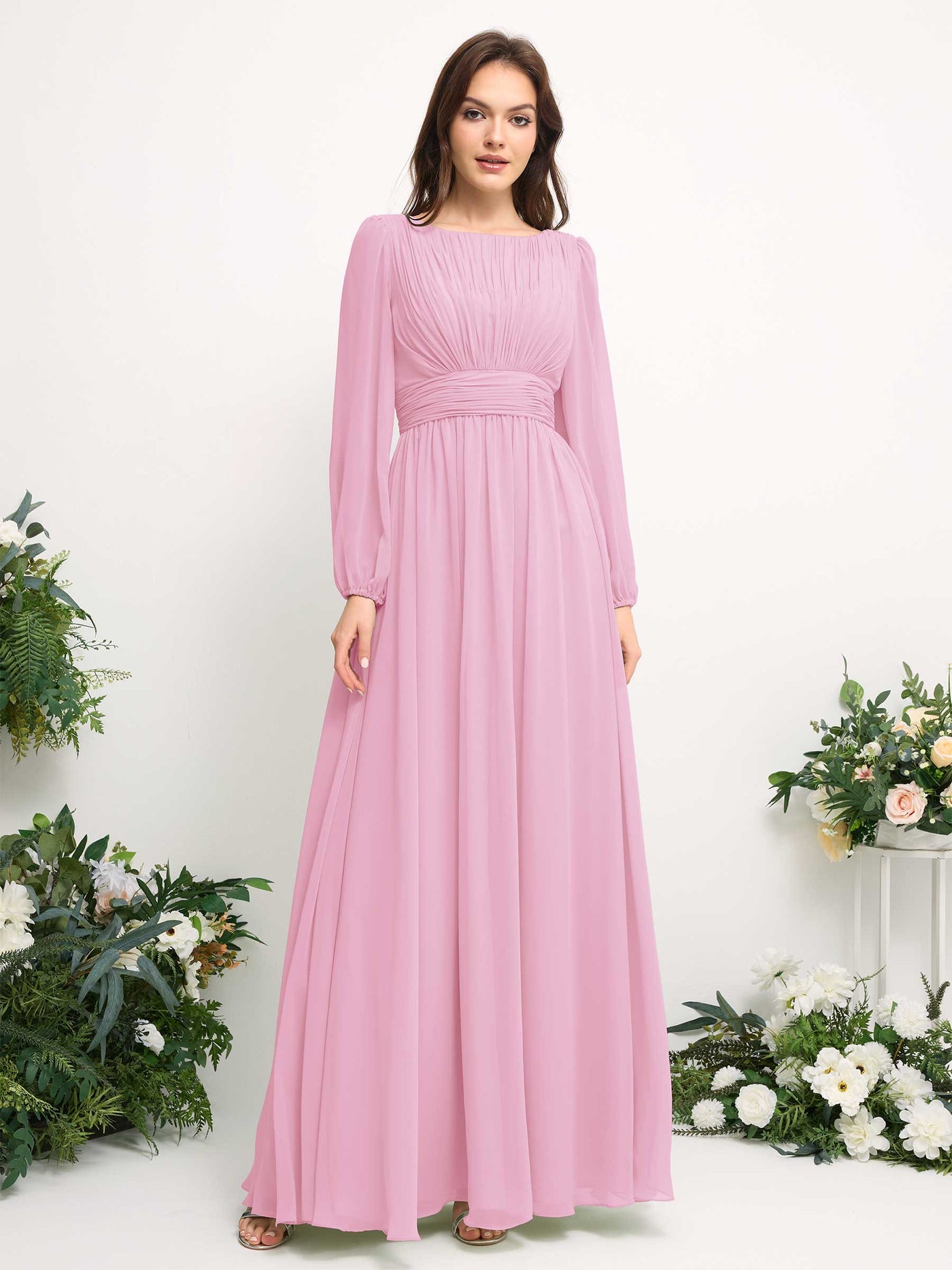 Boat Neck Long Sleeve Chiffon Maxi Dress | Elegant A-Line Bridesmaid & Wedding Guest Dress #color_candy-pink