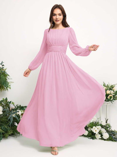 Boat Neck Long Sleeve Chiffon Maxi Dress | Elegant A-Line Bridesmaid & Wedding Guest Dress #color_candy-pink