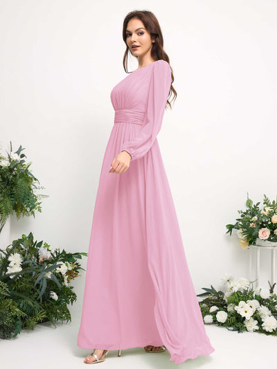 Boat Neck Long Sleeve Chiffon Maxi Dress | Elegant A-Line Bridesmaid & Wedding Guest Dress #color_candy-pink