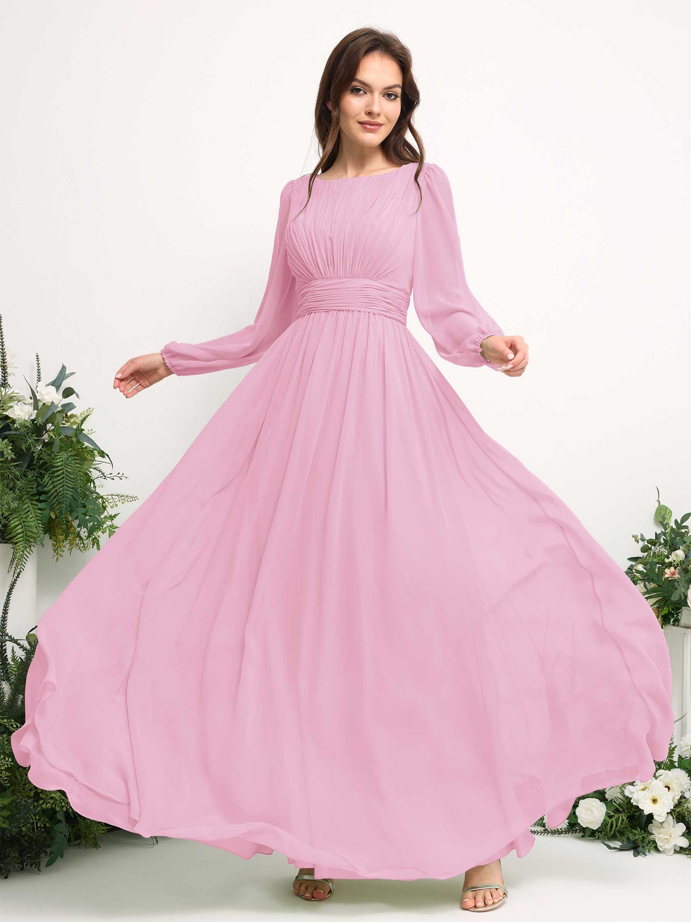 Boat Neck Long Sleeve Chiffon Maxi Dress | Elegant A-Line Bridesmaid & Wedding Guest Dress #color_candy-pink