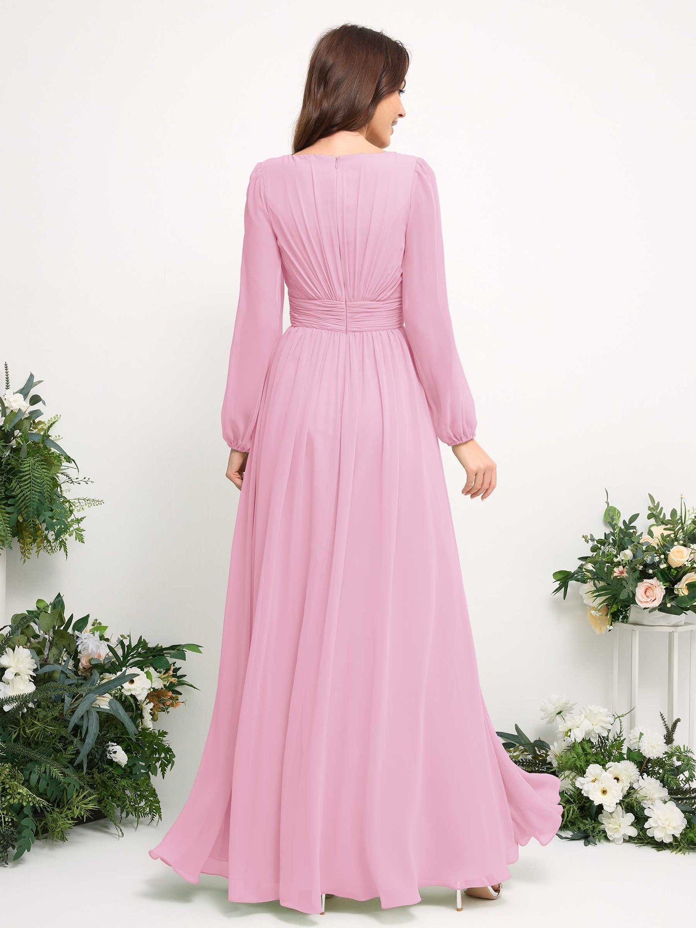 Boat Neck Long Sleeve Chiffon Maxi Dress | Elegant A-Line Bridesmaid & Wedding Guest Dress #color_candy-pink