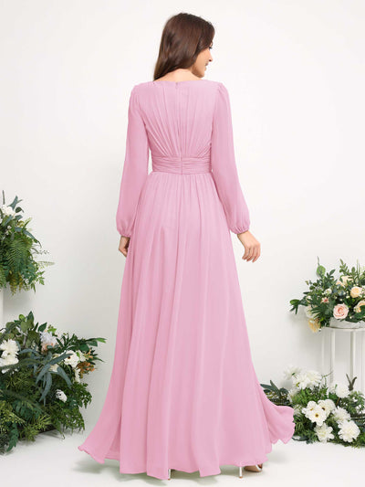 Boat Neck Long Sleeve Chiffon Maxi Dress | Elegant A-Line Bridesmaid & Wedding Guest Dress #color_candy-pink