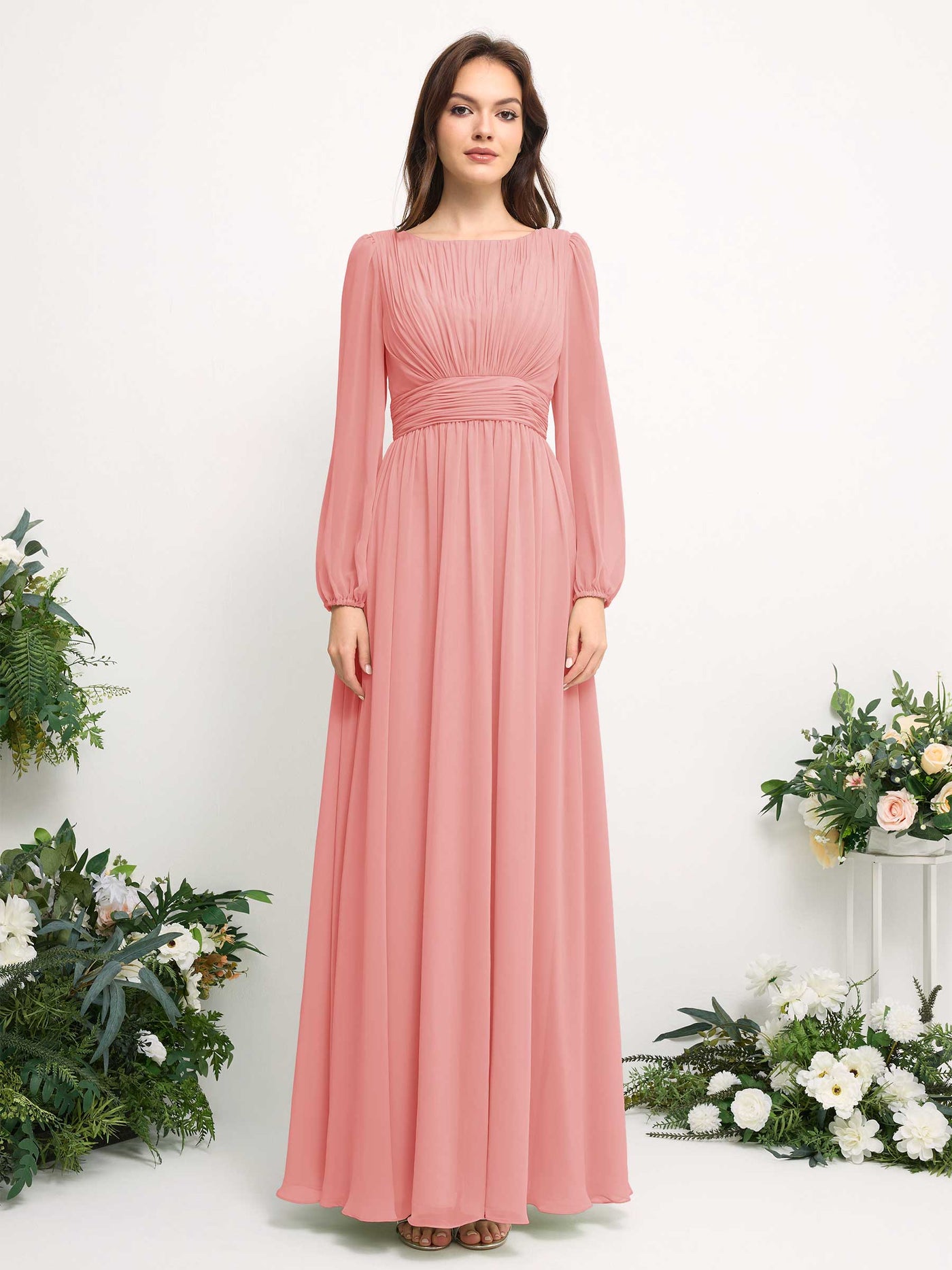 Boat Neck Long Sleeve Chiffon Maxi Dress | Elegant A-Line Bridesmaid & Wedding Guest Dress #color_ballet-pink