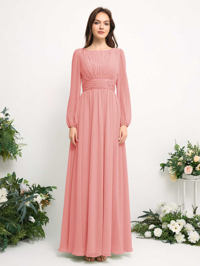 Boat Neck Long Sleeve Chiffon Maxi Dress | Elegant A-Line Bridesmaid & Wedding Guest Dress #color_ballet-pink
