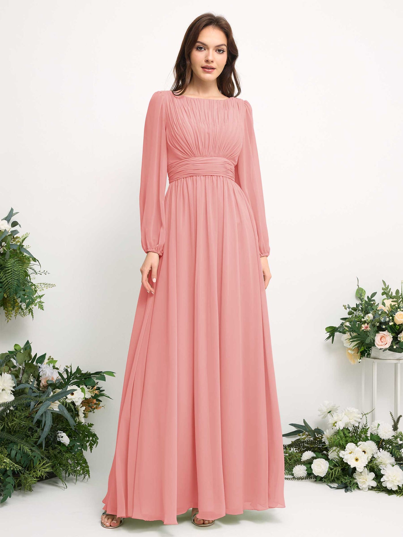 Boat Neck Long Sleeve Chiffon Maxi Dress | Elegant A-Line Bridesmaid & Wedding Guest Dress #color_ballet-pink
