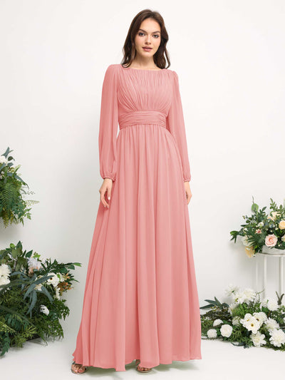 Boat Neck Long Sleeve Chiffon Maxi Dress | Elegant A-Line Bridesmaid & Wedding Guest Dress #color_ballet-pink