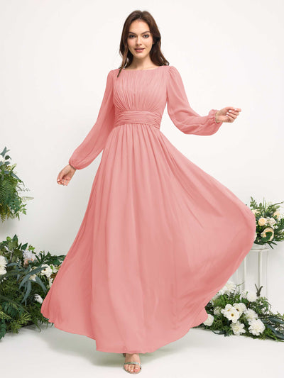 Boat Neck Long Sleeve Chiffon Maxi Dress | Elegant A-Line Bridesmaid & Wedding Guest Dress #color_ballet-pink