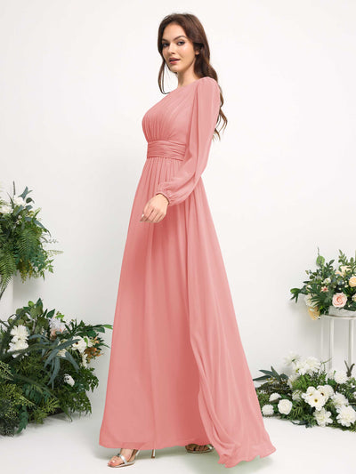 Boat Neck Long Sleeve Chiffon Maxi Dress | Elegant A-Line Bridesmaid & Wedding Guest Dress #color_ballet-pink