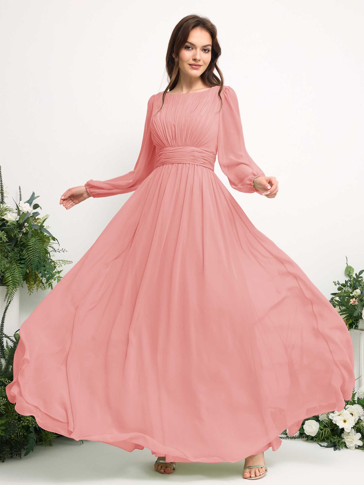 Boat Neck Long Sleeve Chiffon Maxi Dress | Elegant A-Line Bridesmaid & Wedding Guest Dress #color_ballet-pink
