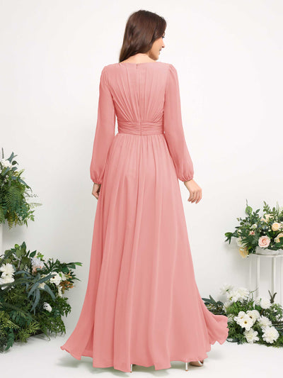 Boat Neck Long Sleeve Chiffon Maxi Dress | Elegant A-Line Bridesmaid & Wedding Guest Dress #color_ballet-pink