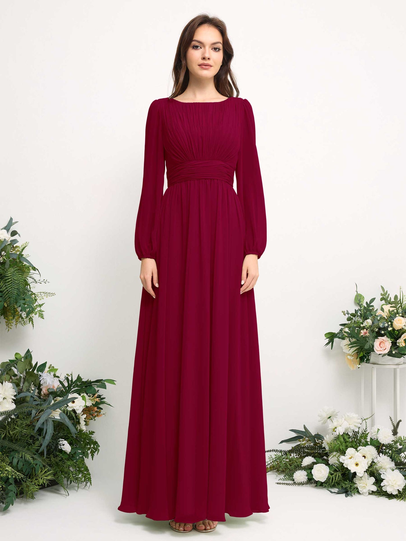 Boat Neck Long Sleeve Chiffon Maxi Dress | Elegant A-Line Bridesmaid & Wedding Guest Dress #color_jester-red