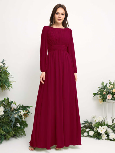 Boat Neck Long Sleeve Chiffon Maxi Dress | Elegant A-Line Bridesmaid & Wedding Guest Dress #color_jester-red