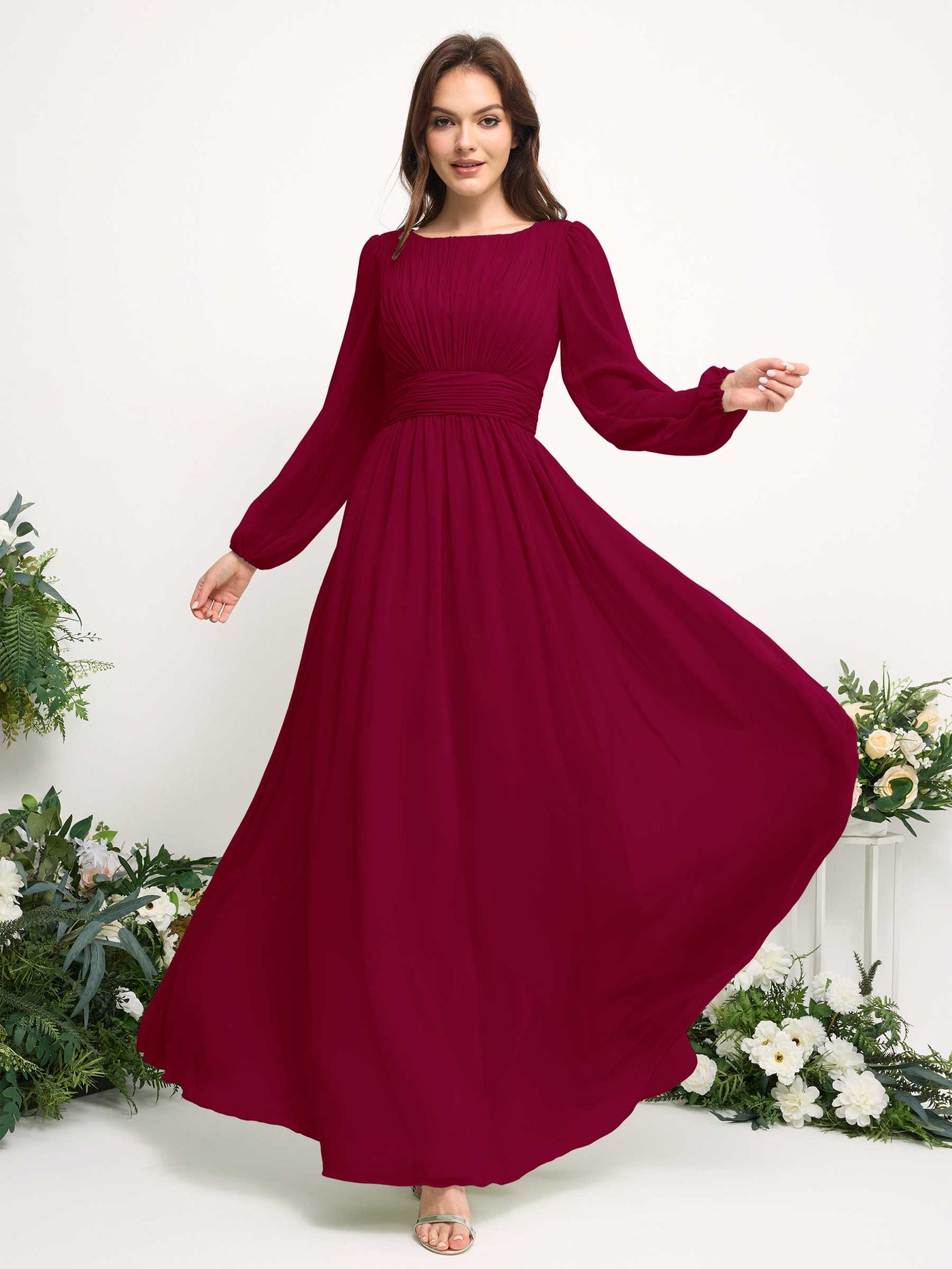 Boat Neck Long Sleeve Chiffon Maxi Dress | Elegant A-Line Bridesmaid & Wedding Guest Dress #color_jester-red