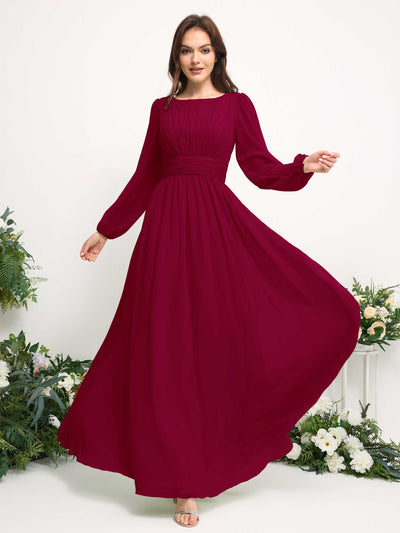 Boat Neck Long Sleeve Chiffon Maxi Dress | Elegant A-Line Bridesmaid & Wedding Guest Dress #color_jester-red