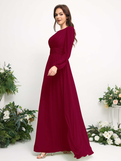 Boat Neck Long Sleeve Chiffon Maxi Dress | Elegant A-Line Bridesmaid & Wedding Guest Dress #color_jester-red