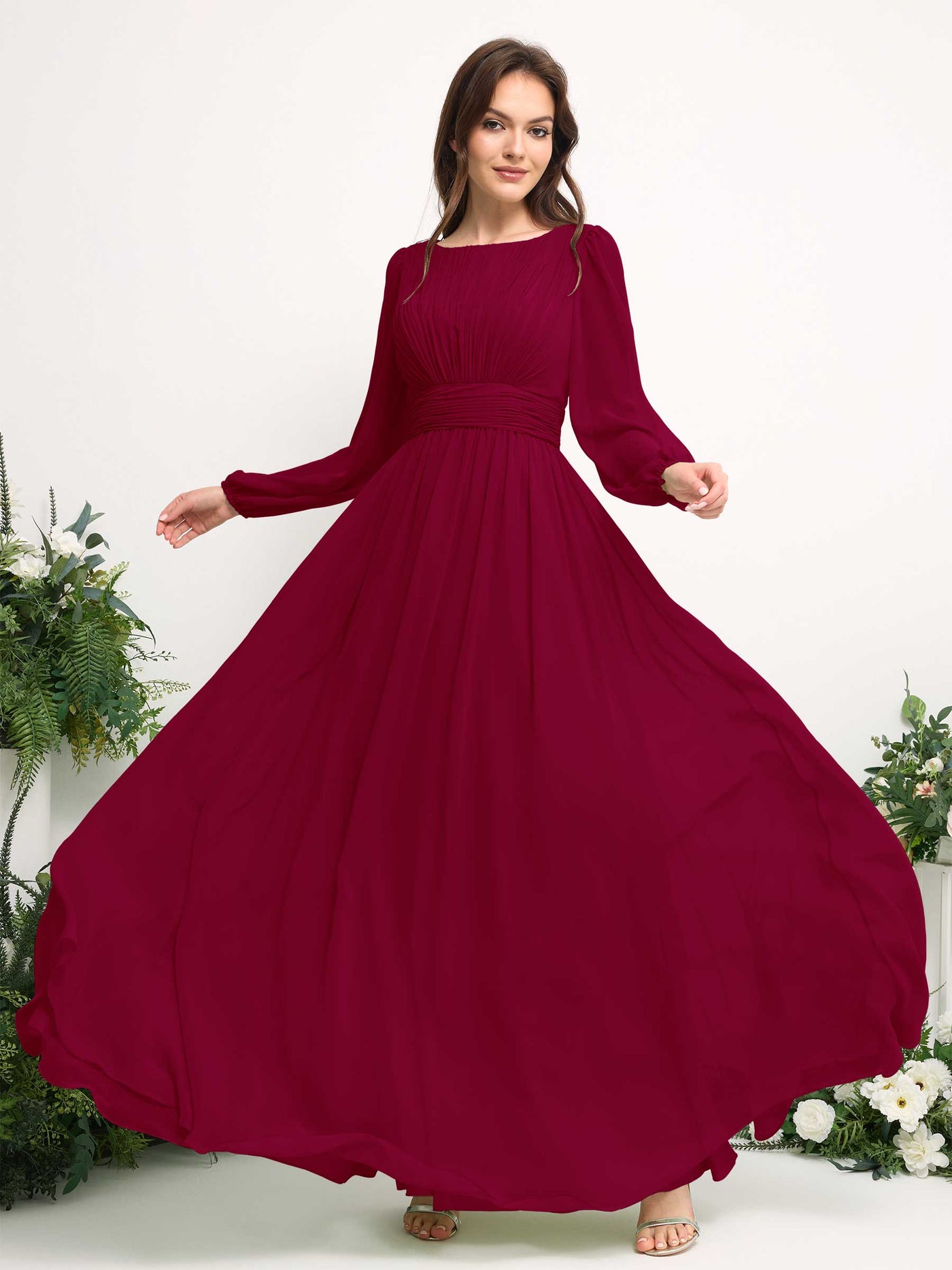 Boat Neck Long Sleeve Chiffon Maxi Dress | Elegant A-Line Bridesmaid & Wedding Guest Dress #color_jester-red