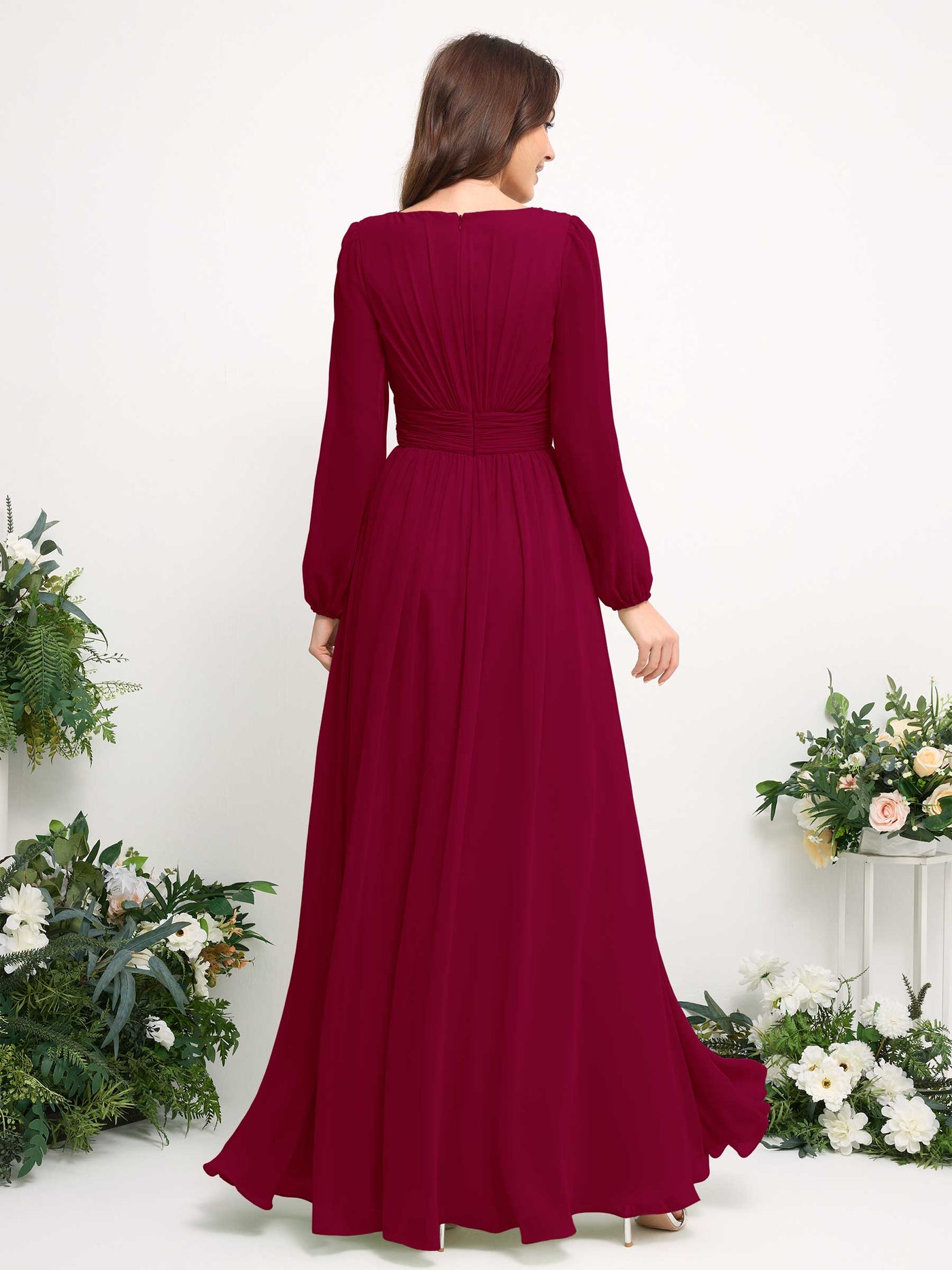 Boat Neck Long Sleeve Chiffon Maxi Dress | Elegant A-Line Bridesmaid & Wedding Guest Dress #color_jester-red