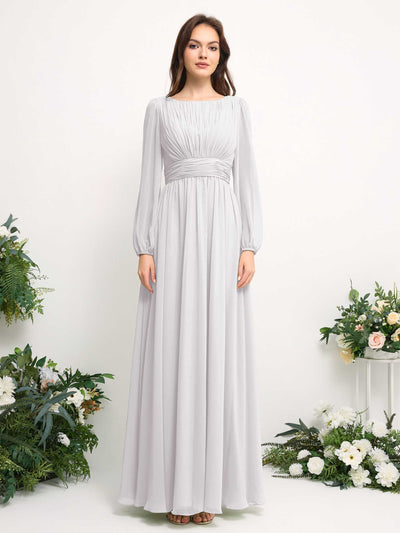 Boat Neck Long Sleeve Chiffon Maxi Dress | Elegant A-Line Bridesmaid & Wedding Guest Dress #color_white