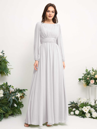 Boat Neck Long Sleeve Chiffon Maxi Dress | Elegant A-Line Bridesmaid & Wedding Guest Dress #color_white