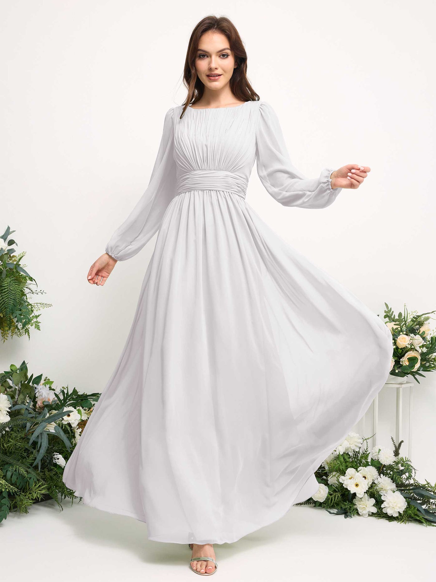 Boat Neck Long Sleeve Chiffon Maxi Dress | Elegant A-Line Bridesmaid & Wedding Guest Dress #color_white